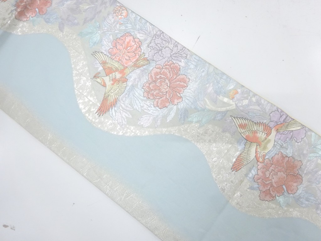 JAPANESE KIMONO / ANTIQUE FUKURO OBI / SILK / WOVEN BIRD & PEONY